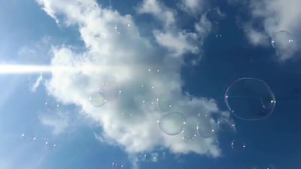Kabarcık Yüzen Arkaplan Sabun Köpüğü Yüzen Baloncuk Mavi Gökyüzünde Yüzen — Stok video