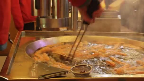 Churros Churro Donuts Cooking Oil Being Turned Stirred Steama Churro — Stock Video