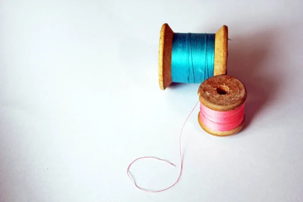 Cotton Thread Reels Bobbin Spool Pink Blue Bright Background Copy — Stock Photo, Image