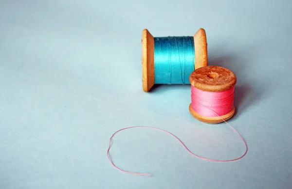 Cotton Thread Reels Bobbin Spool Pink Blue Bright Background Copy — Stock Photo, Image