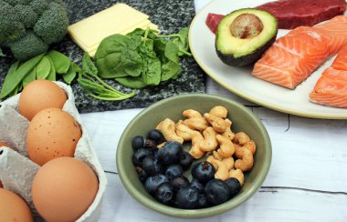 Keto veya ketojenik düşük karbonhidrat atkins paleo stili diyet protein tabanlı et balığı süt ürünleri böğürtlen ve fındık