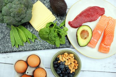 Keto veya ketojenik düşük karbonhidrat atkins paleo stili diyet protein tabanlı et balığı süt ürünleri böğürtlen ve fındık