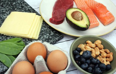 Keto veya ketojenik düşük karbonhidrat atkins paleo stili diyet protein tabanlı et balığı süt ürünleri böğürtlen ve fındık