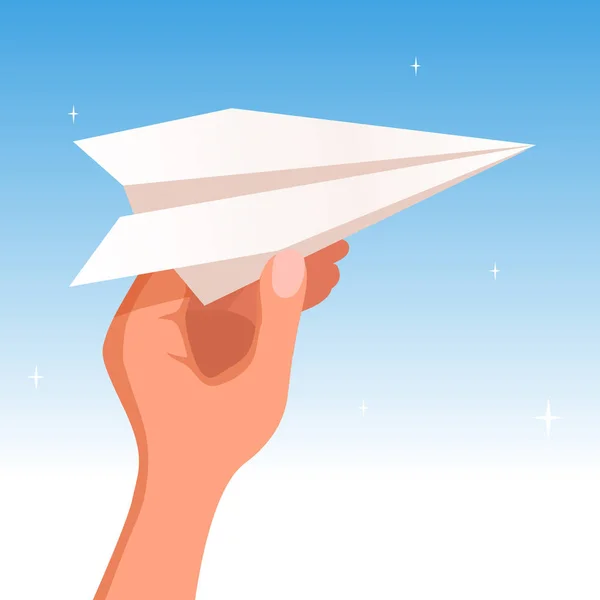 Bir kağıt uçak mavi gökyüzü arka plan üzerinde tutan el