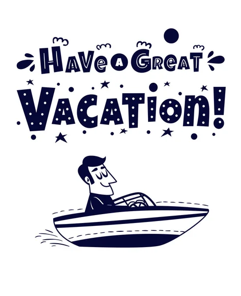 Reiseikone. glücklicher Mann, der mit dem Boot reist. Vektor-Illustration im Retro-Cartoon-Stil für T-Shirts, Poster, Karten, Banner — Stockvektor
