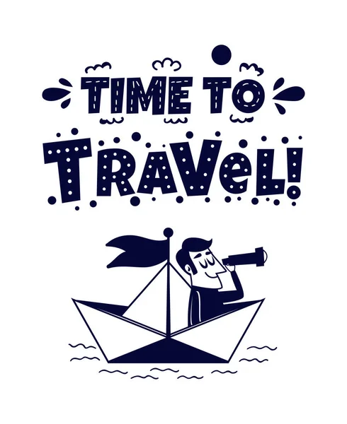 Seyahat etmek simge. Mutlu bir adam kağıt tekne ile seyahat. Vektör çizim retro karikatür tarzı t shirt, posterler, kartları, afiş için