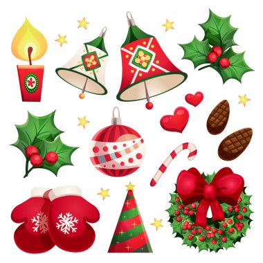 Mutlu yeni yıl ve neşeli Noel vektör Set tasarımı dekoratif öğeler ve nesnelerle: Noel ağacı, çelenk, oyuncaklar, şeker kamışı, kalpler, eldivenler, koniler, çelenk, çan, berry, şerit, mum