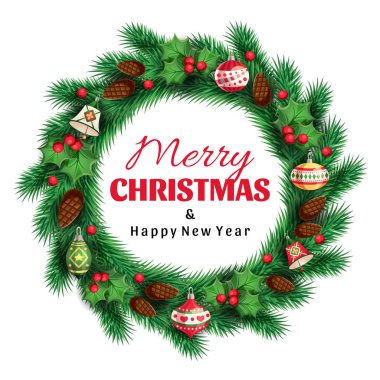 Bir tebrik neşeli Noel ve mutlu yeni yıl metin ile Ladin Noel çelenk ve dekoratif yeşil yaprakları, kırmızı meyveler, Noel oyuncaklar, koni tasarımı bir kart için. Vektör çizim karikatür tarzı