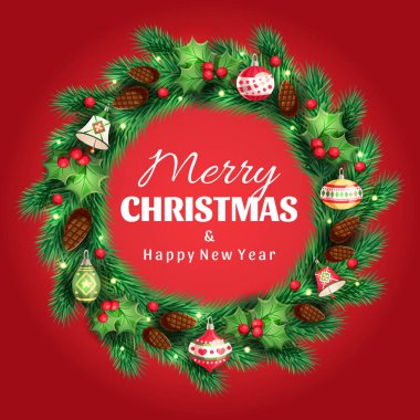 Bir tebrik neşeli Noel ve mutlu yeni yıl metin ile Ladin Noel çelenk ve dekoratif yeşil yaprakları, kırmızı meyveler, Noel oyuncaklar, kırmızı zemin üzerine koniler. Vektör çizim karikatür tarzı