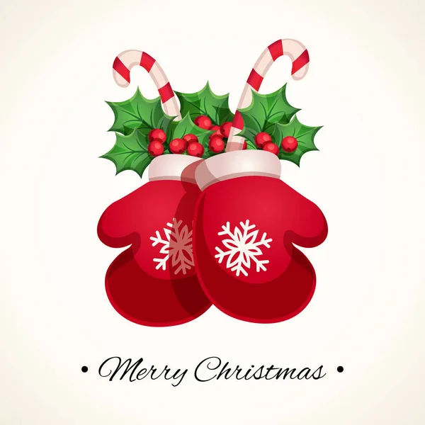 Diğer dekoratif öğeler için tasarım bir Happy New Year ve neşeli Noel tebrik kartı ile Noel mittens. Vektör çizim. Retro karikatür tarzı