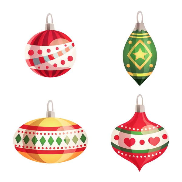 Conjunto de brinquedos coloridos de árvore de Natal no fundo branco. Feriados e celebrações de inverno conceitos para projetar um Feliz Ano Novo e Feliz cartão de Natal. Ilustração vetorial em estilo cartoon — Vetor de Stock