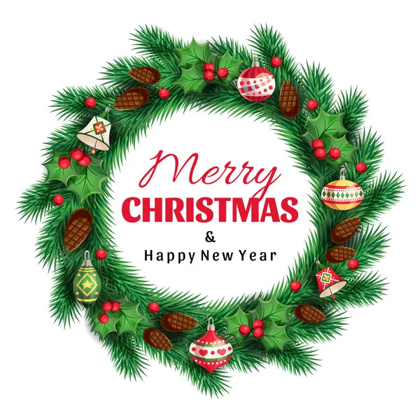 Bir tebrik neşeli Noel ve mutlu yeni yıl metin ile Ladin Noel çelenk ve dekoratif yeşil yaprakları, kırmızı meyveler, Noel oyuncaklar, koni tasarımı bir kart için. Vektör çizim karikatür tarzı