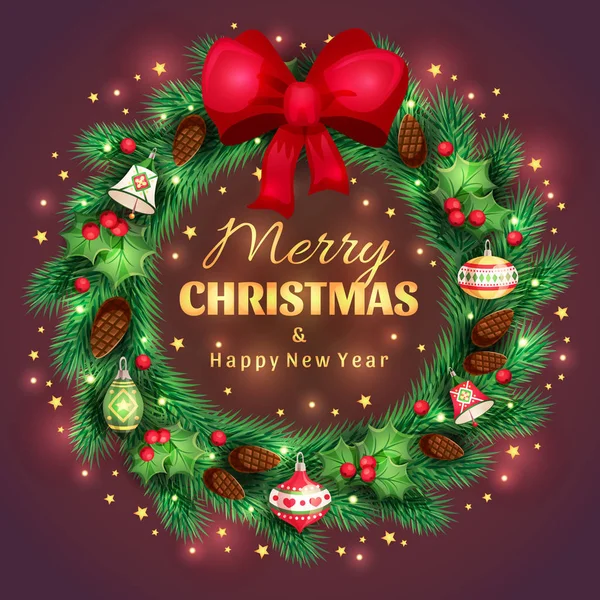 Altın tebrik neşeli Noel ve mutlu yeni yıl metin ile parlak Ladin Noel çelenk ve dekoratif yeşil yaprakları, kırmızı meyveler, Noel oyuncaklar, koni kahverengi zemin üzerinde. Vektör çizim
