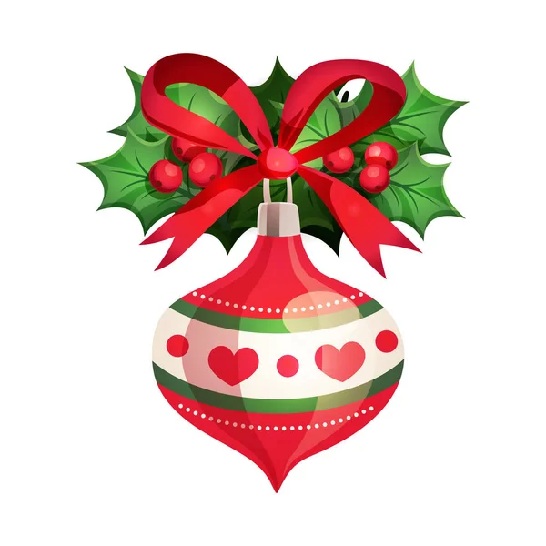Schönes Weihnachtsspielzeug mit dekorativen Elementen: grüne Blätter, rote Beeren, um ein frohes neues Jahr und frohe Weihnachtsgrüßkarte zu gestalten. Vektorillustration. Retro-Zeichentrickstil Stockvektor