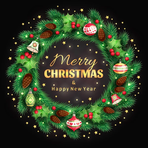 Glänzende Fichte Weihnachtskranz mit einem goldenen Gruß frohe Weihnachten und ein glückliches neues Jahr Text und dekorative grüne Blätter, rote Beeren, Weihnachtsspielzeug, Zapfen. Vektorillustration im Cartoon-Stil lizenzfreie Stockvektoren