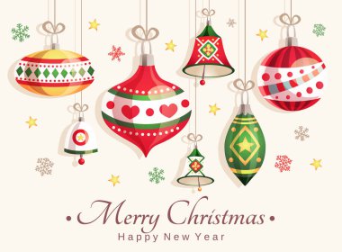 Dekoratif elemanları ile neşeli Noel ve mutlu yeni yıl kartı: Noel oyuncaklar, çan, kar taneleri ve yıldız 