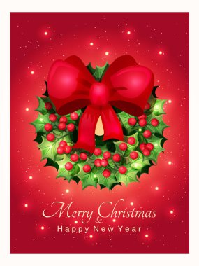 Tebrik kartı ile bir güzel Noel çelenk ile dekoratif yeşil yaprakları, kırmızı meyveler ve bir tebrik neşeli Noel ve mutlu yeni yıl metin kırmızı zemin üzerine. Vektör çizim. Retro tarzı