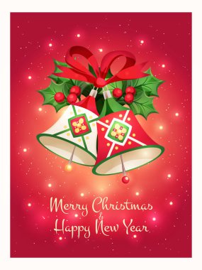 Tebrik kartı ile bir güzel Noel çanları dekoratif yeşil yaprakları, kırmızı meyveler, kırmızı kurdele ve bir tebrik neşeli Noel ve mutlu yeni yıl metin parlak kırmızı zemin üzerine. Vektör çizim