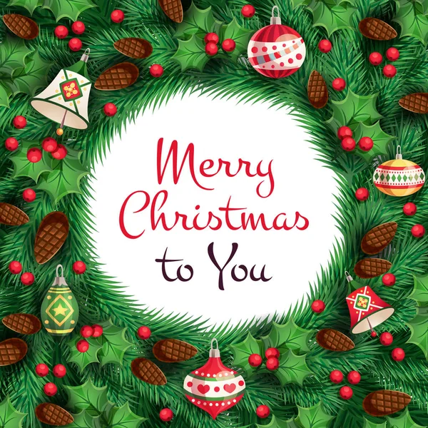 Arka plan ağaç dalları, köknar-koniler, Noel oyuncaklar, çan ve neşeli Noel You için metin ile