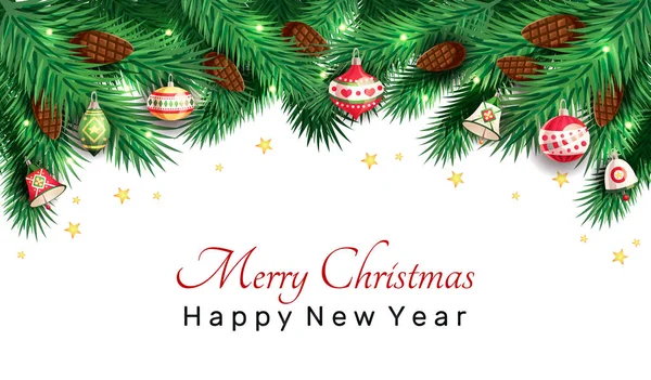 Noel ağacı dalları ile köknar-koniler, Noel oyuncaklar, çan, beyaz arka plan üzerinde yıldız