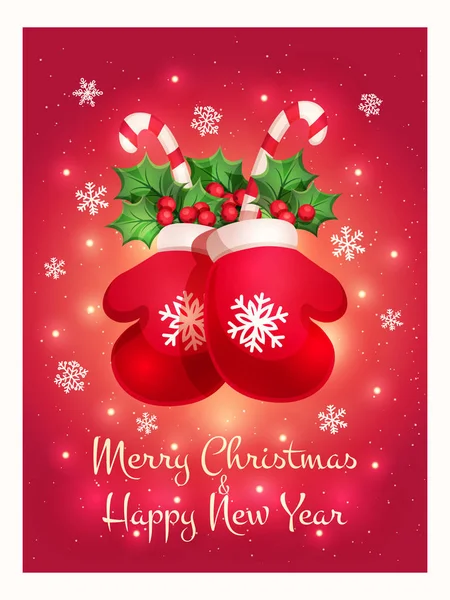 Güzel bir Noel eldivenli tebrik kartı, dekoratif yeşil yaprakları, kırmızı meyveler, şekerler ve neşeli Noel ve mutlu yeni yıl metin parlak kırmızı zemin üzerine bir tebrik