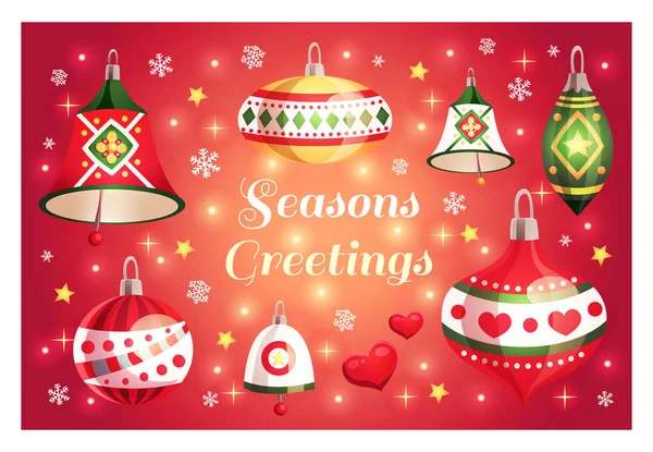 Neşeli Noel ve mutlu yeni yıl kartı mevsim selam metin ve dekoratif öğeler: Noel oyuncaklar, çan, kar taneleri, yıldız, kalpler