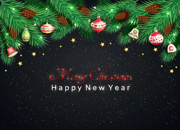 Noel ağacı dalları ile köknar-koniler, Noel oyuncaklar, çan, yıldız koyu arka plan üzerinde