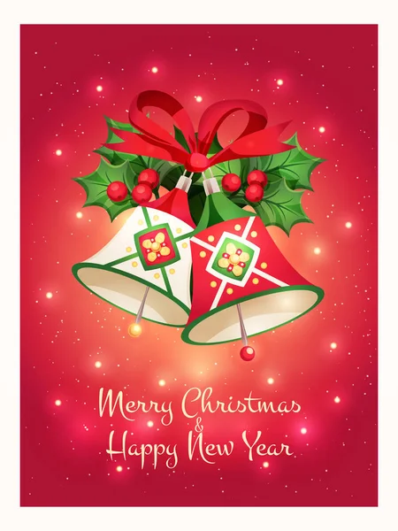 Tebrik kartı ile bir güzel Noel çanları dekoratif yeşil yaprakları, kırmızı meyveler, kırmızı kurdele ve bir tebrik neşeli Noel ve mutlu yeni yıl metin parlak kırmızı zemin üzerine. Vektör çizim