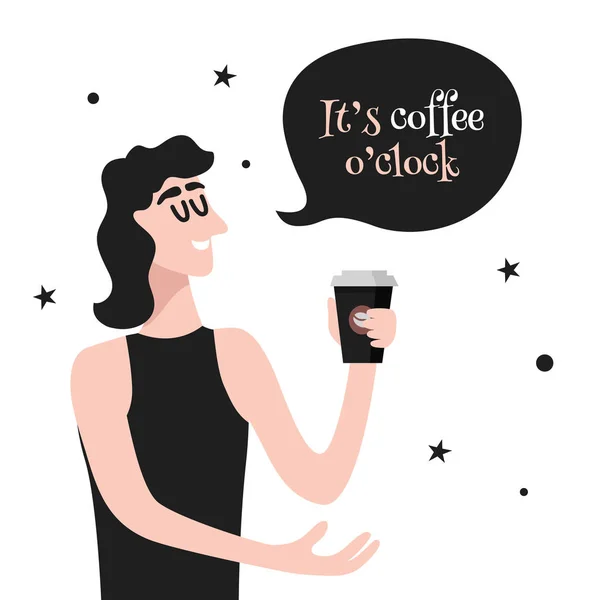 Saat kahve. Kadın kahve fincanı tutuyor. Afiş, poster, kart için vektör sanatı