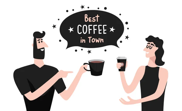 Şehirdeki en iyi kahve. Kahve Fincanları Tutan Kadın ve Erkek. Afiş, poster, kart için vektör sanatı