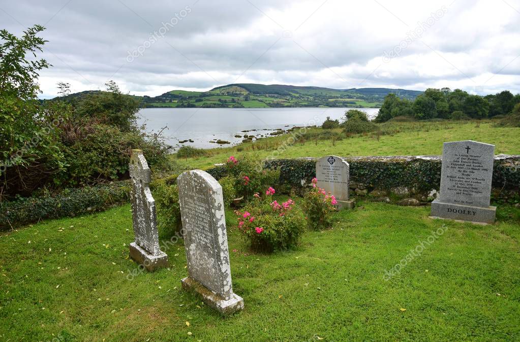 A cemetery on Holy Island in Lough Derg in Ireland.