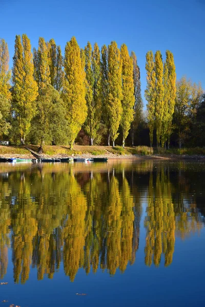 Paisaje otoñal con un lago, algunos barcos y árboles amarillos . —  Fotos de Stock