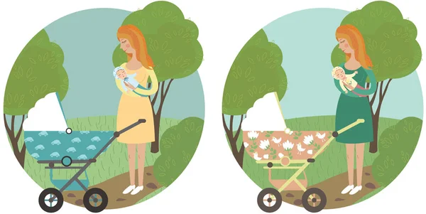 Doğada bir bebek arabasıyla yürüyüşe çıkmış mutlu bir anne, izole bir arka plan.