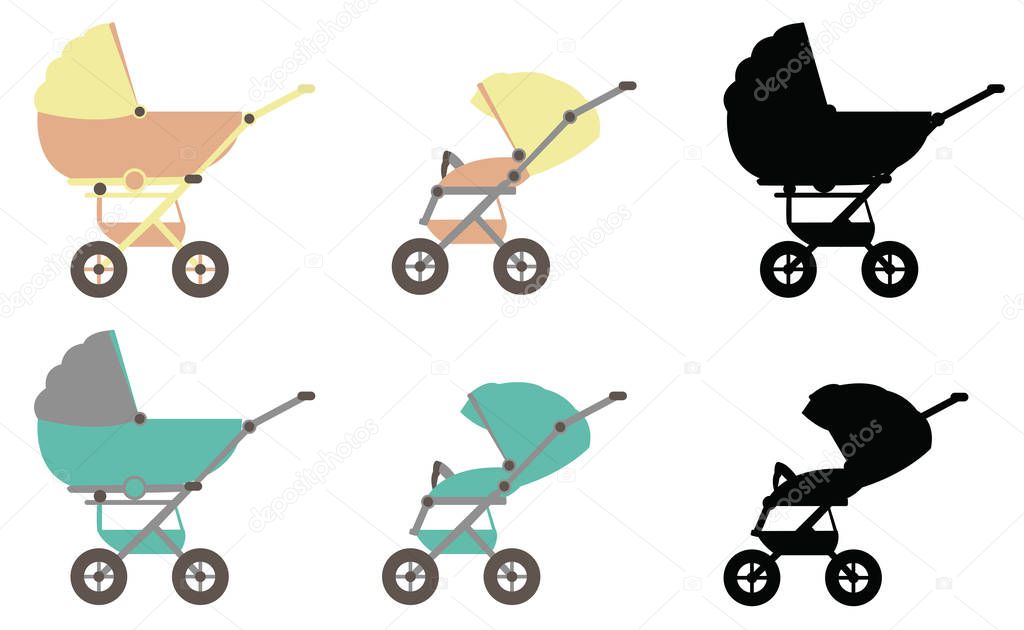 Baby carriage transformer. Color and black vector illustration on white isolated background.