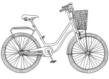 Bisikletin elle çizilmiş çizim illüstrasyonu. Beyaz izole arka plan üzerinde sepet ile Vintage bisiklet. Vektör çizimi