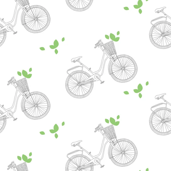 Folhas Verdes Padrão Desenhado Mão Bicicleta Bicicleta Vintage Com Cesta — Vetor de Stock