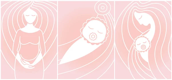 Hamilelik ve doğum. Stilize doğrusal vektör grafikleri. Hamile kadın, bebek ve anne pembe arka plan üzerinde.