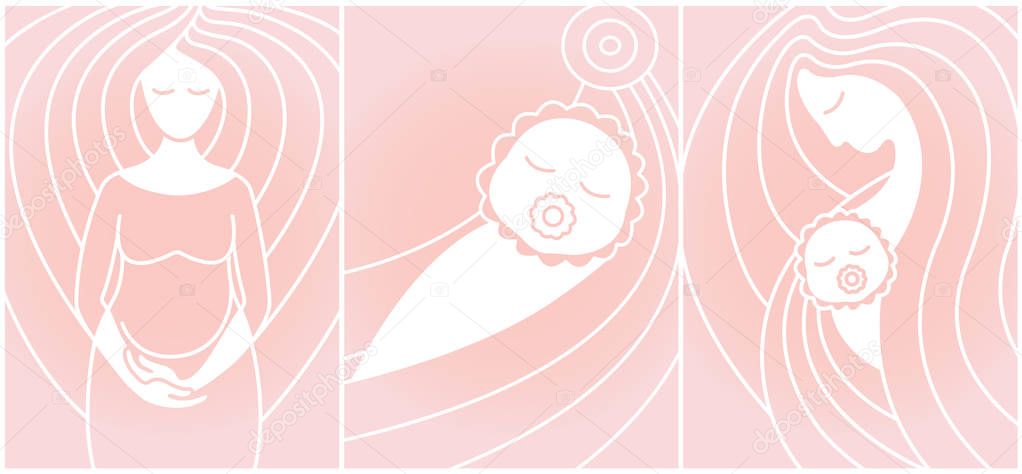Pregnancy and childbirth. Stylized linear vector graphics. Pregnant woman, baby and mother on pink background.