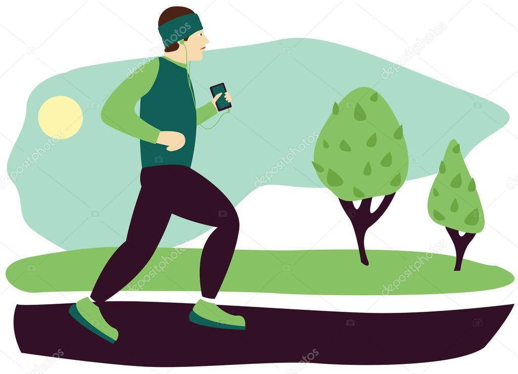 Runner is running in the park with trees. Flat vector illustration of young man with headphones and smartphone. Healthy activity and music.