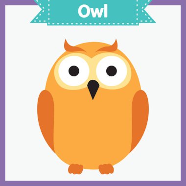Hayvan isimleriyle bebek öğrenme kartları. Okumayı öğreniyorum. Çocuklar için eğitici bir oyun. Komik baykuş. Beyaz arkaplan üzerinde vektör düz illüstrasyon.
