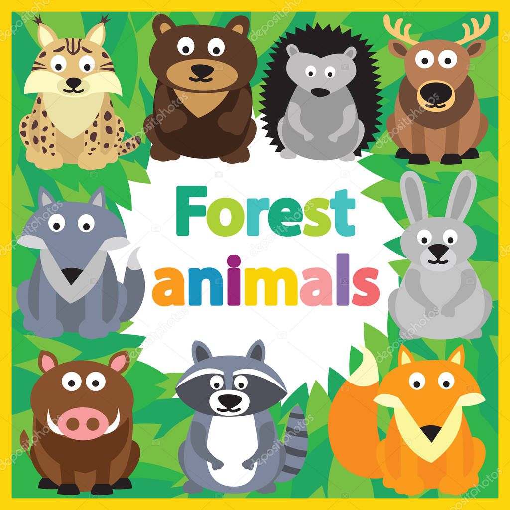 Cover for set of learning cards with forest animal names. Vector flat illustration on white background.