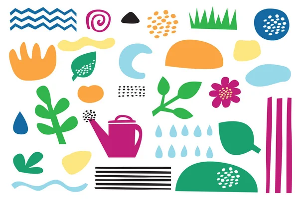 Elle çizilmiş karalama koleksiyonu, bahçenin sembolü. Beyaz arkaplanda izole edilmiş parlak modern düz vektör çizimi.