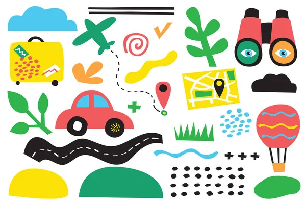 Viaggio Divertente Collezione Scarabocchi Disegnati Mano Simbolo Colorato Del Viaggio — Vettoriale Stock