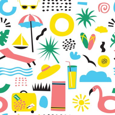 Plaj tatilinin renkli sembolüyle kusursuz bir desen. Deniz tatili konsepti. Beyaz arkaplanda izole edilmiş parlak düz vektör çizimi.