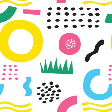 Kusursuz, soyut, şekilli, modern renk kalıpları. Çocuklar tekstil, kağıt ve ağ için eğlenceli bir model. Beyaz arkaplanda izole edilmiş parlak düz vektör çizimi.