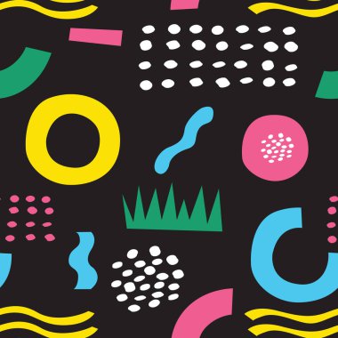Kusursuz, soyut, şekilli, modern renk kalıpları. Çocuklar tekstil, kağıt ve ağ için eğlenceli bir model. Siyah arkaplanda parlak düz vektör çizimi.