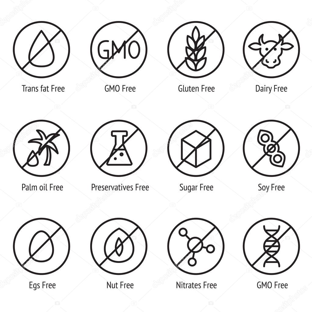 Warning icons for products. Signs inform about the absence of sugar, gluten, preservatives, dairy products. GMO free. Non genetically modified foods. Vector set of linear icons isolated on white background.