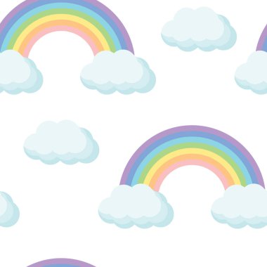 Kumaş, dekoratif kağıt ve ağ için gökkuşağı ve bulutlarla kusursuz bir arkaplan. Pastel vektör çizimi beyaz arkaplanda izole edildi.