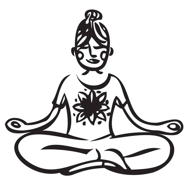 Girl Doing Yoga Sitting Lotus Position Hand Drawn Vector Illustrations — Stock Vector