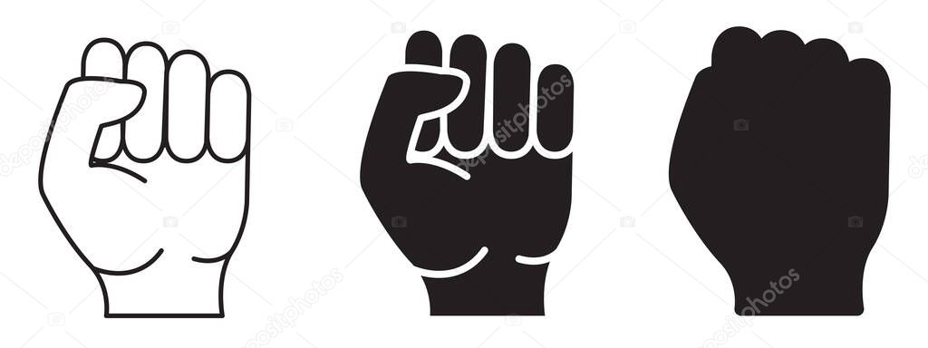 Protest fist raised. Icon of protesting hand. Concept of freedom, equality, power. Vector illustration isolated on the white background.